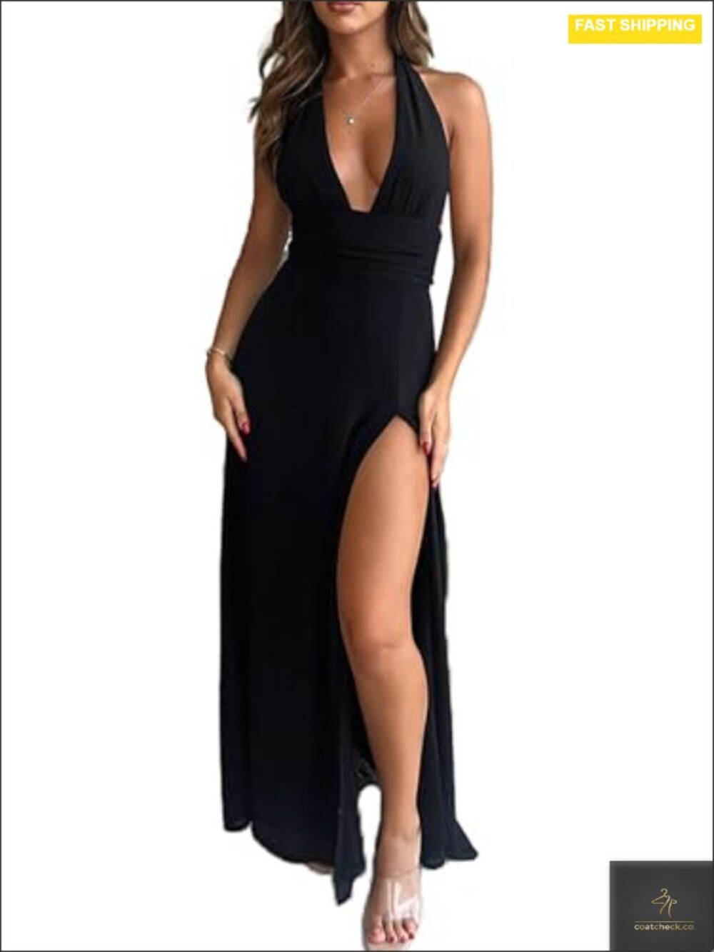 Sriswel Womens Sexy Halter Deep V Neck High Side Split Long Maxi Dress,